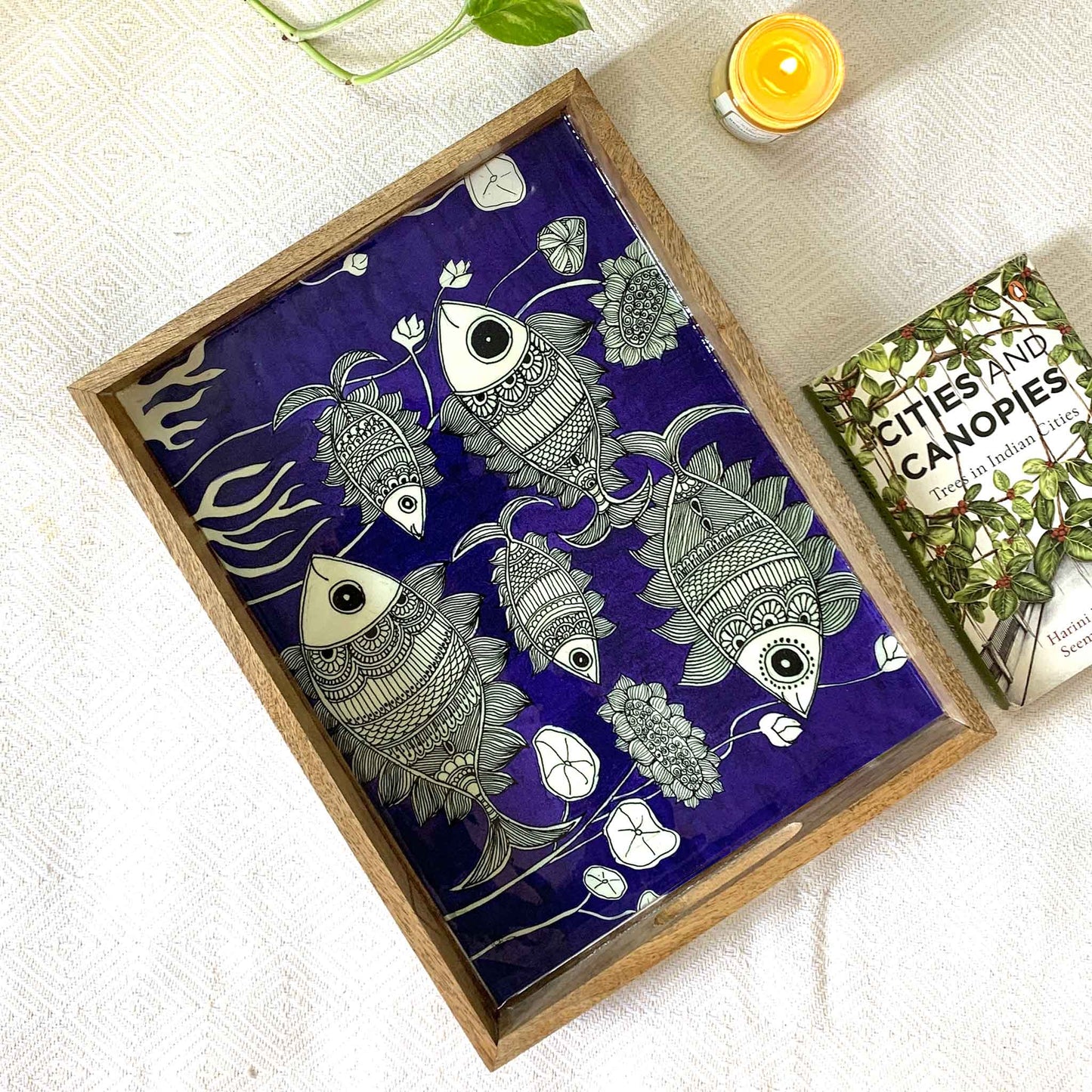 Studio Decorai Trays Neel Matsya - Madhubani Themed Rectangular Wooden Tray