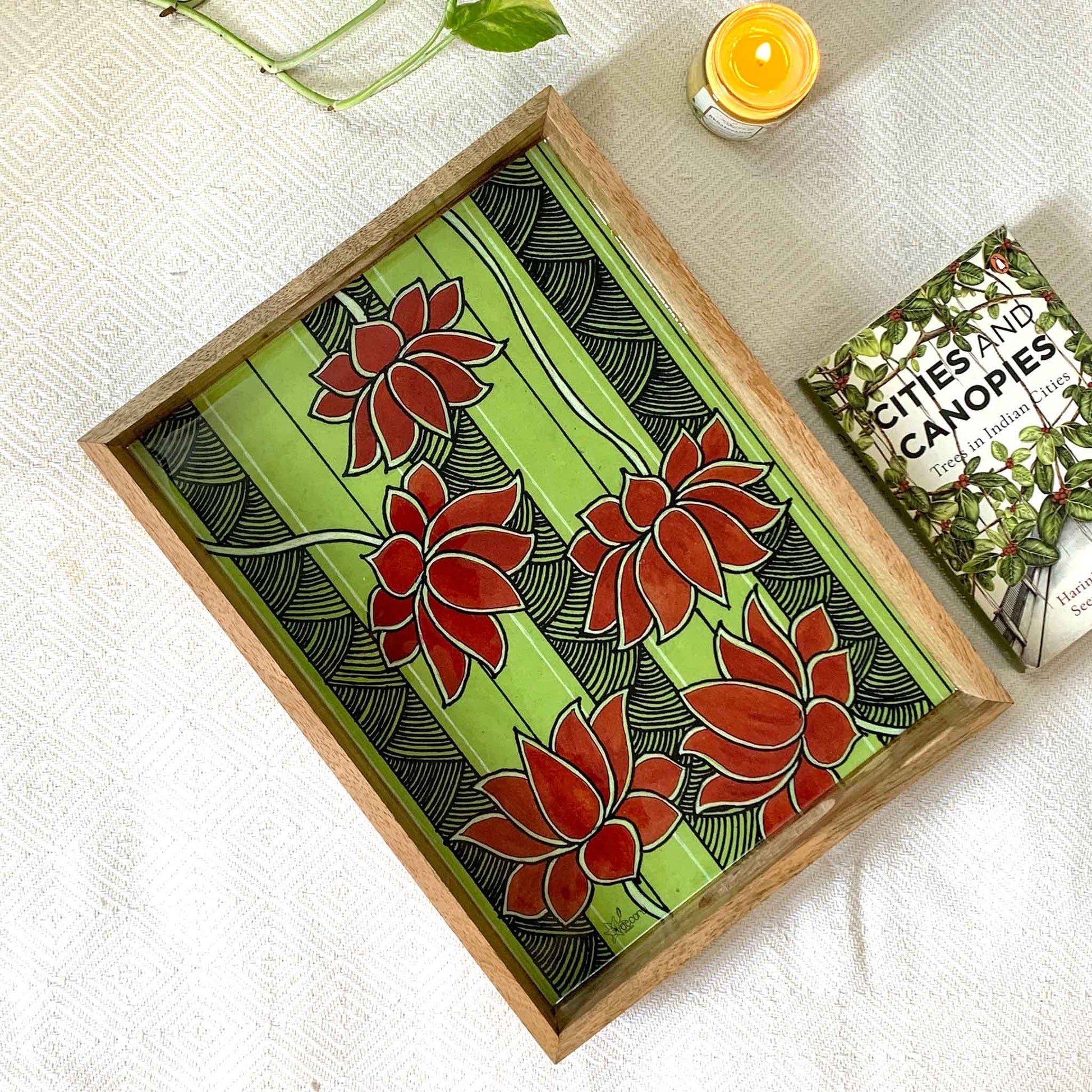 Studio Decorai Trays Padma - Madhubani Botanical Themed Rectangular Wooden Tray