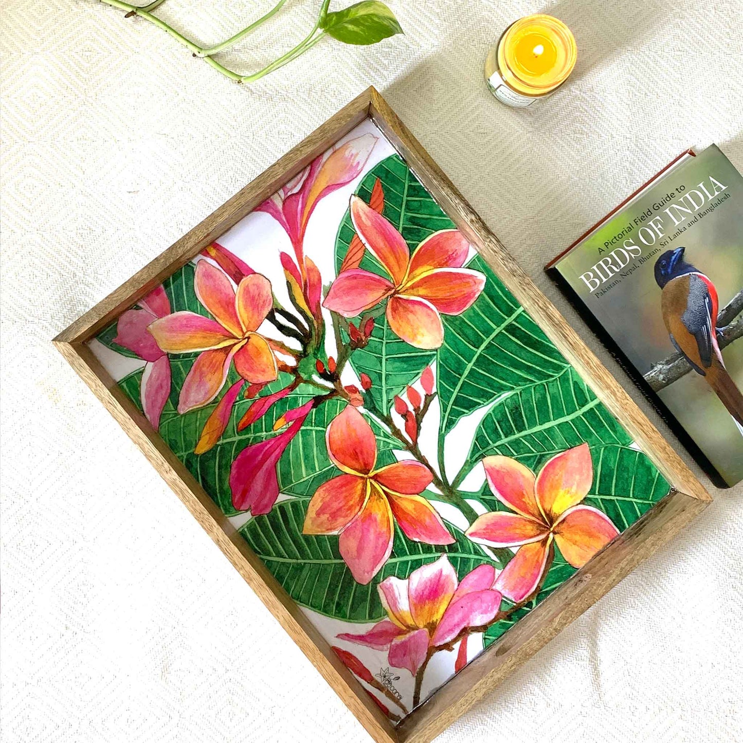 Studio Decorai Trays Pink Frangipani - Botanical Themed Rectangular Wooden Tray