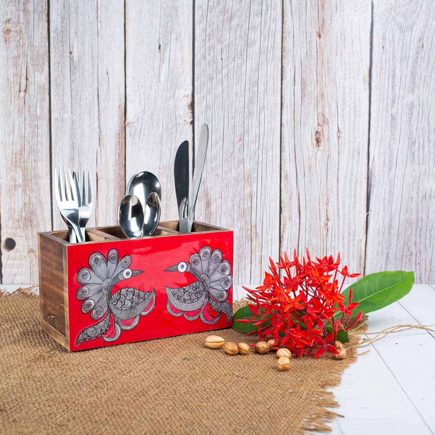 Studio Decorai Cutlery Holder The Sunset Dancers - Madhubani Themed Wooden Cutlery Holders