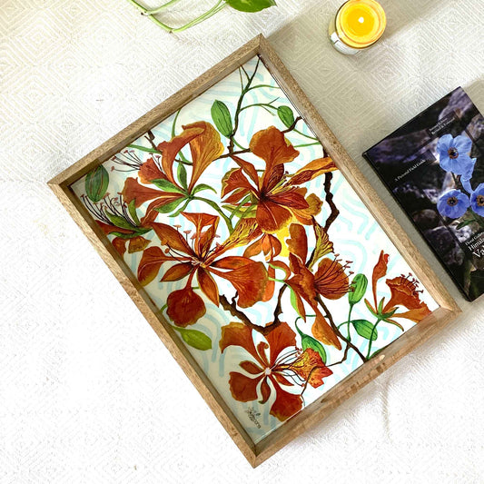Studio Decorai Trays Gulmohar Glory - Botanical Themed Rectangular Wooden Tray