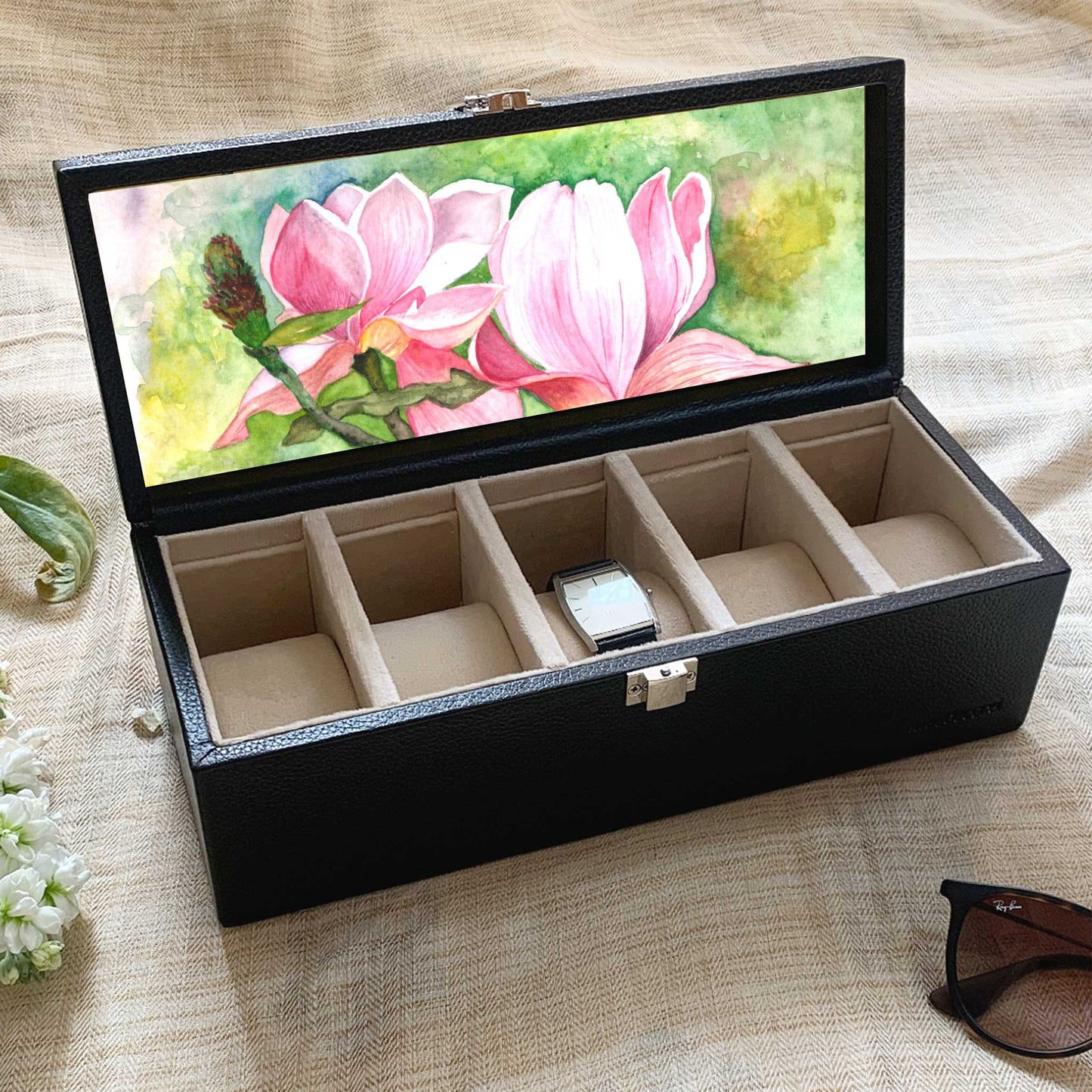 Studio Decorai Watch Box Black Beauty - Magnolia Blossoms - Handcrafted Leather Watch Box