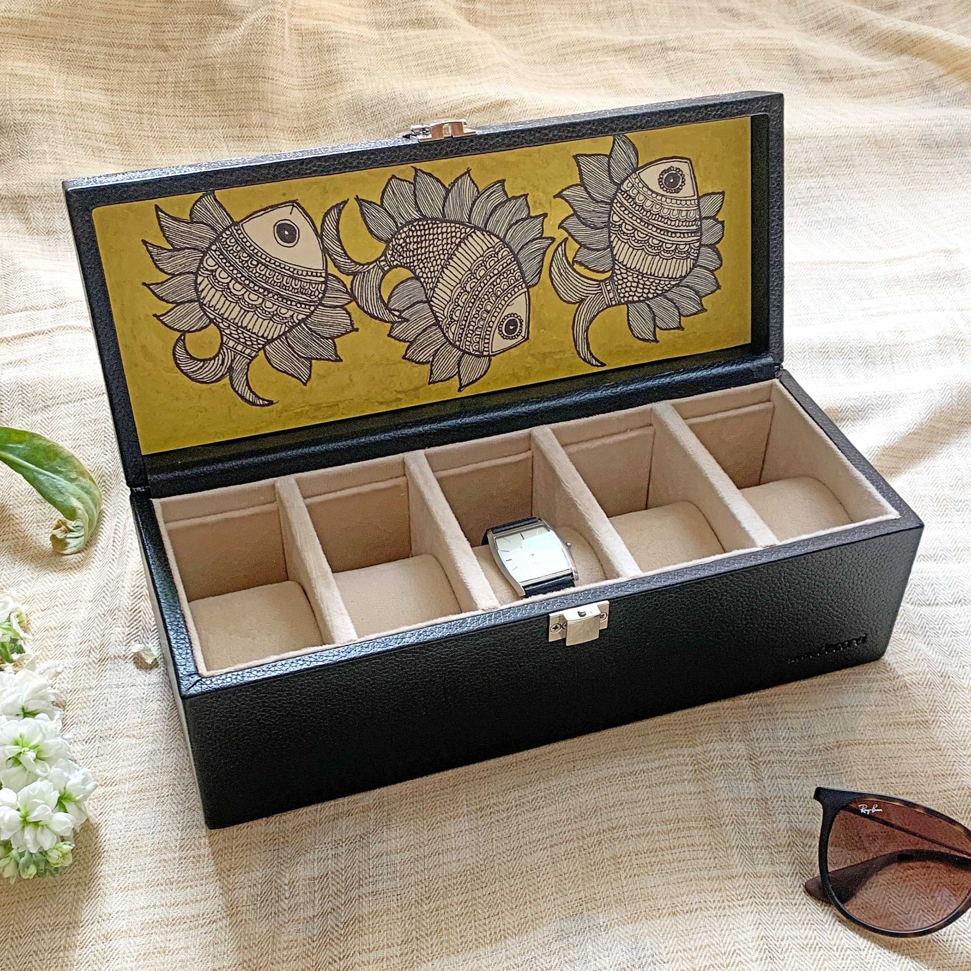 Studio Decorai Watch Box Black Beauty - Matsya - a tale of fish - Handcrafted Leather Watch Box