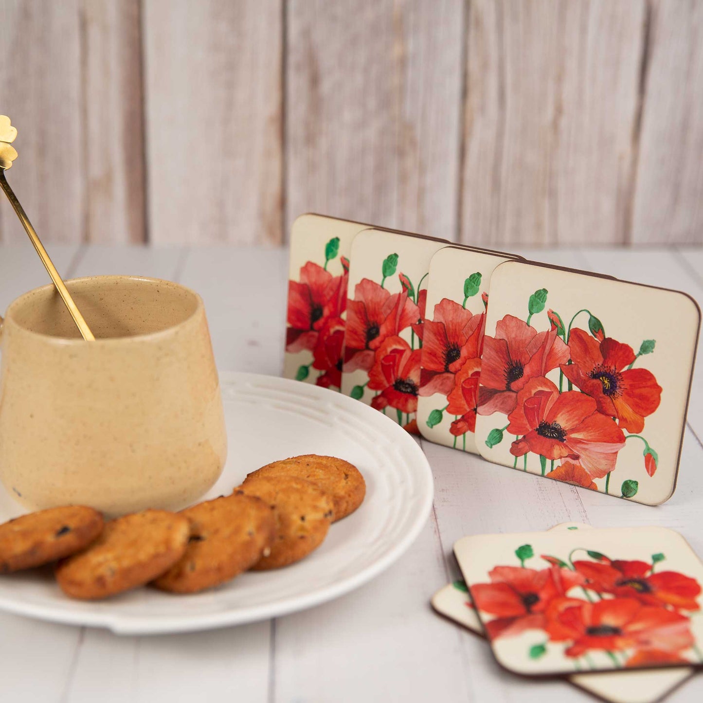 red botanical design coasters - set of 6