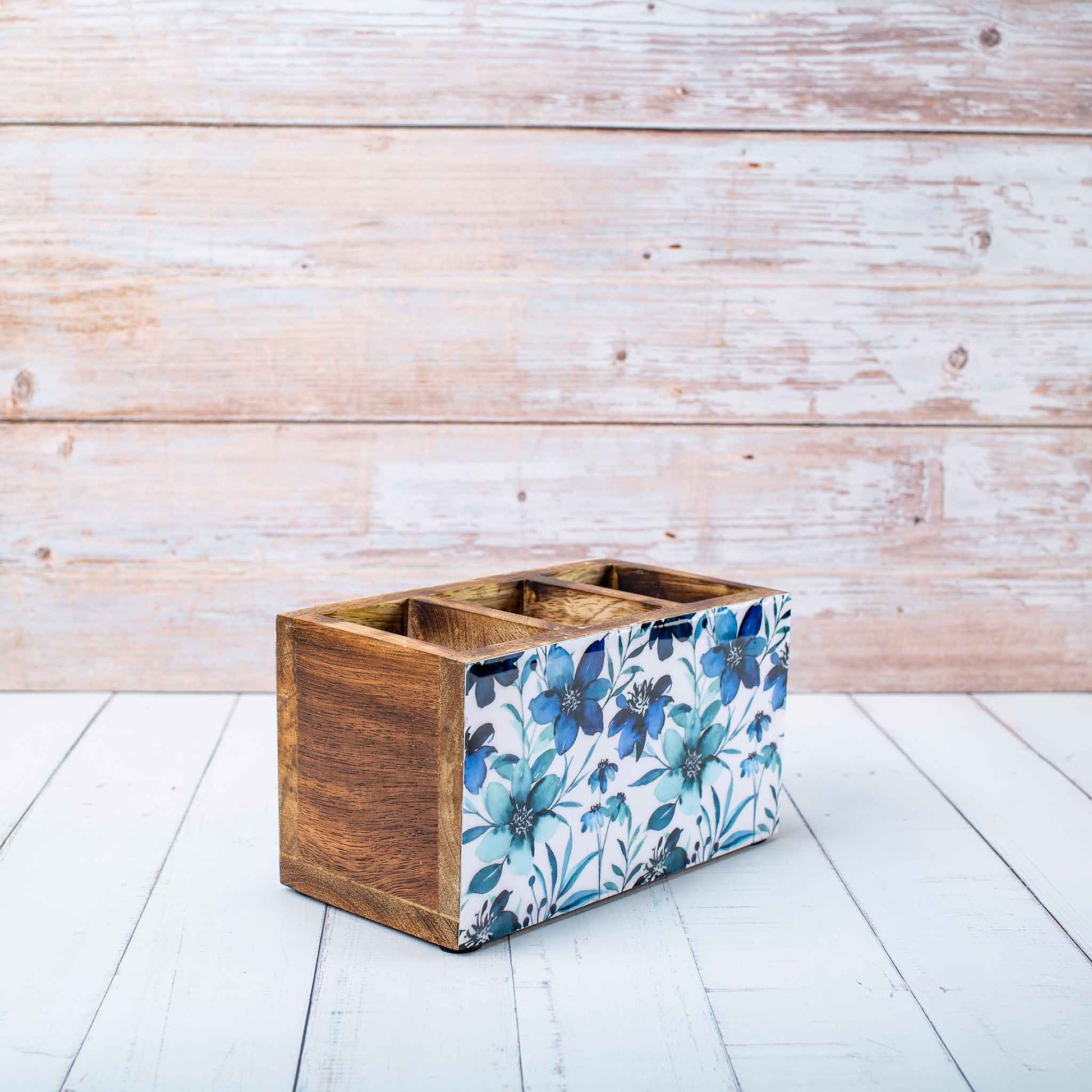 Studio Decorai Cutlery Holder Blue Daze - Botanical Themed Wood Cutlery Holder