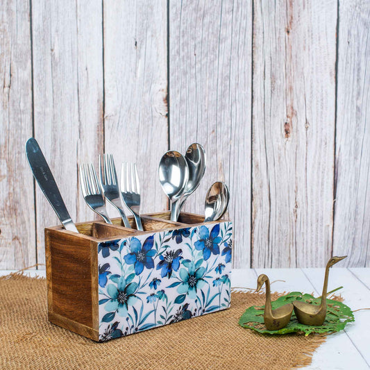 Studio Decorai Cutlery Holder Blue Daze - Botanical Themed Wood Cutlery Holder