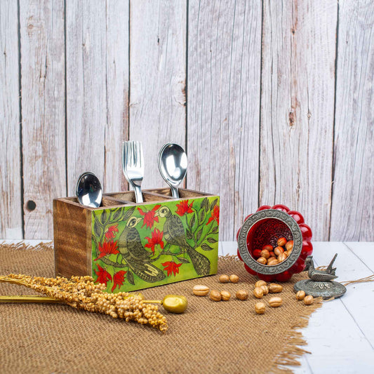 Studio Decorai Cutlery Holder Flame of the Forest - Madhubani Wooden Cutlery Holder