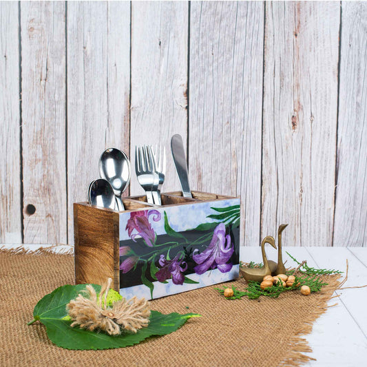 Studio Decorai Cutlery Holder Lilac Lilies - Botanical Themed Wood Cutlery Holder