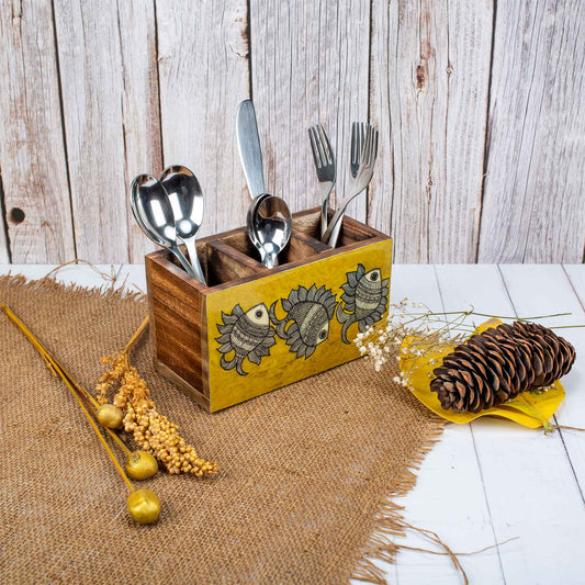 Studio Decorai Cutlery Holder Without Napkin Holder Matsya - a tale of Fish - Madhubani Themed Wooden Cutlery Holders