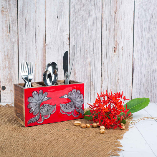 Studio Decorai Cutlery Holder Without Napkin Holder The Sunset Dancers - Madhubani Themed Wooden Cutlery Holders
