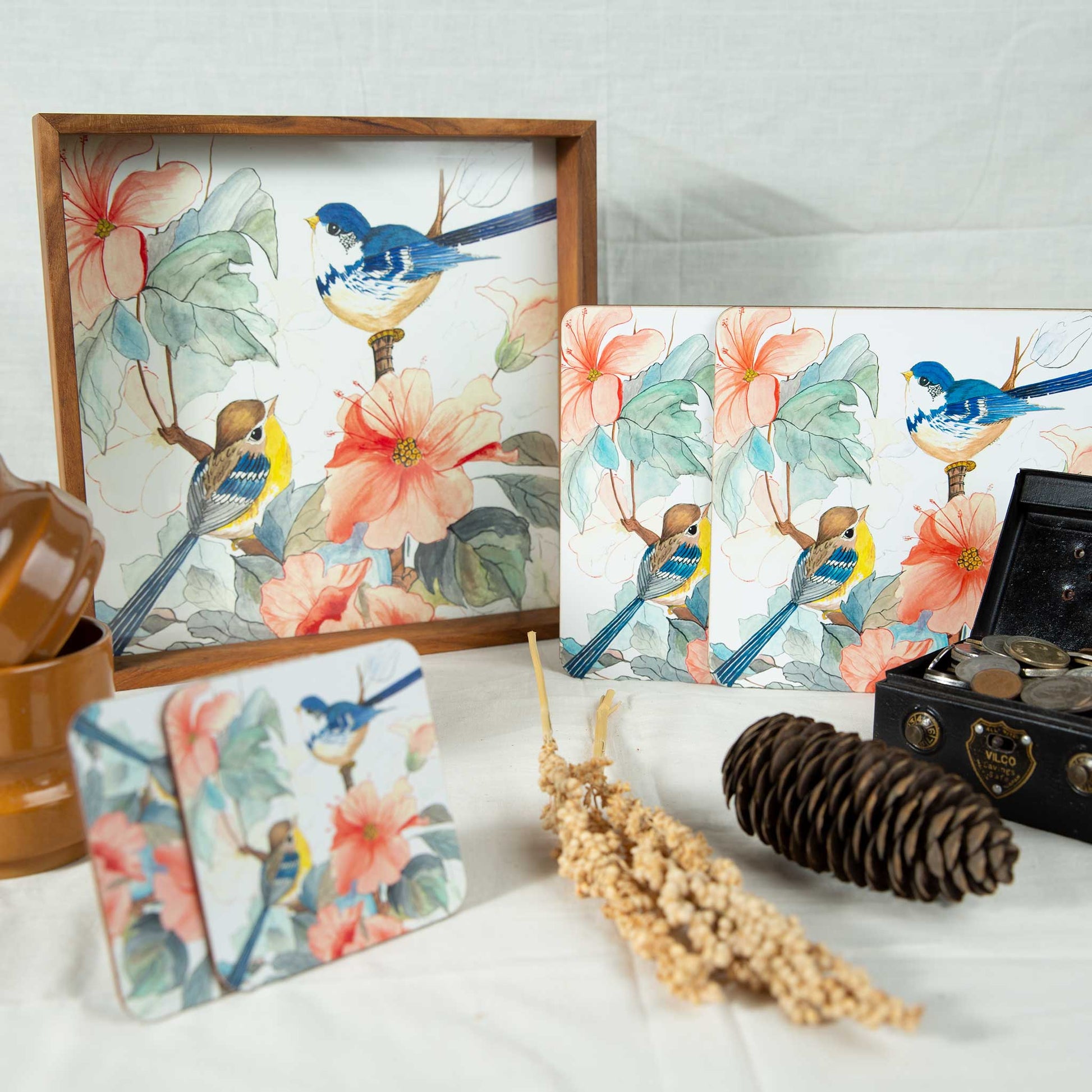 birds of paradise botanical and bird themed table ware trays and coasters