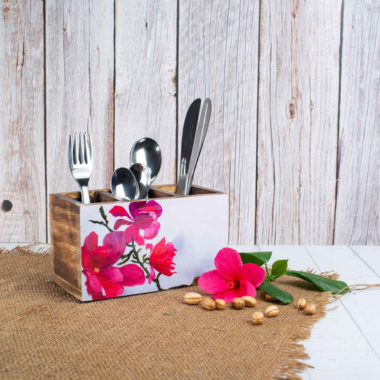 Studio Decorai Tableware Steel Magnolia - Botanical Themed Wooden Cutlery Holder