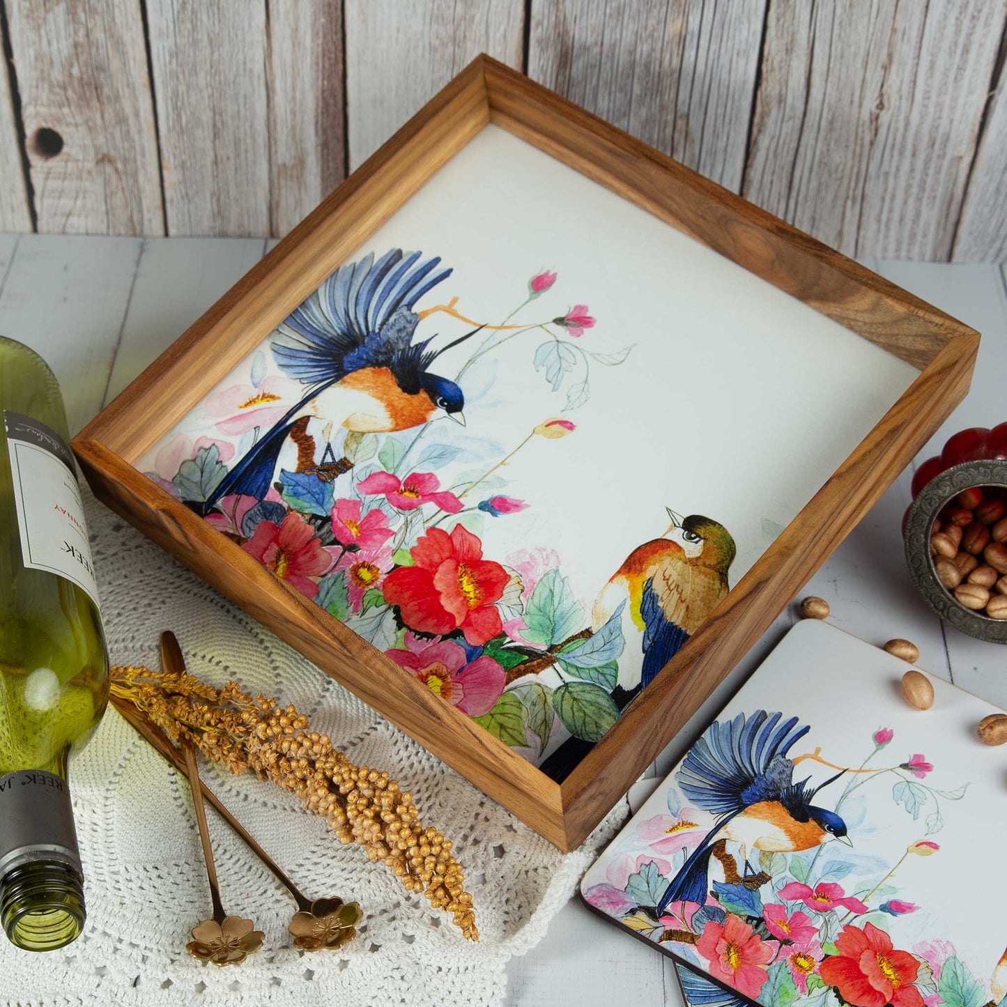 Studio Decorai Trays Dance of the Lazulis - Bird Themed Square Wooden Tray