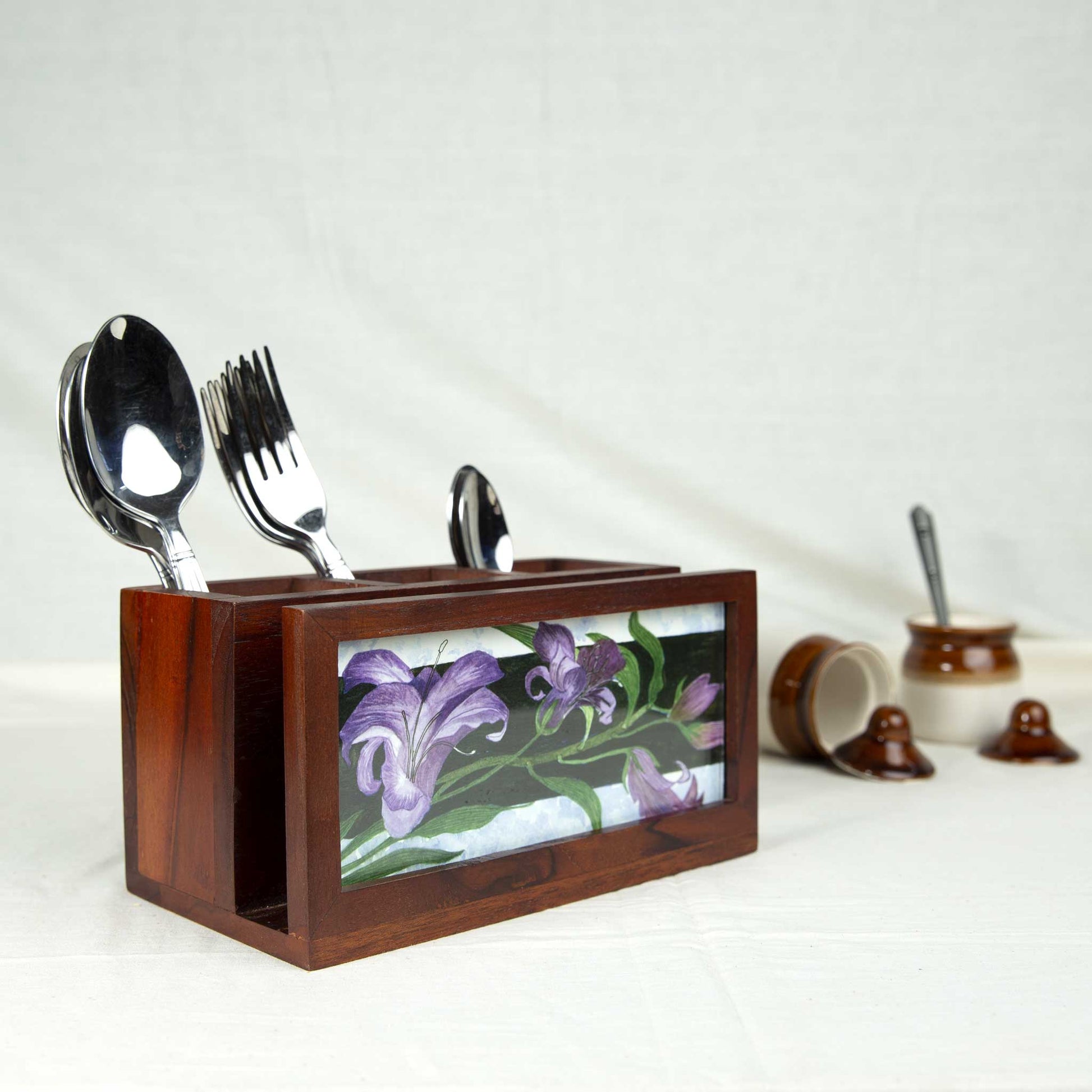 Studio Decorai Trays Lilac Lilies - Rectangular Wooden Tray & Cutlery Holder Set