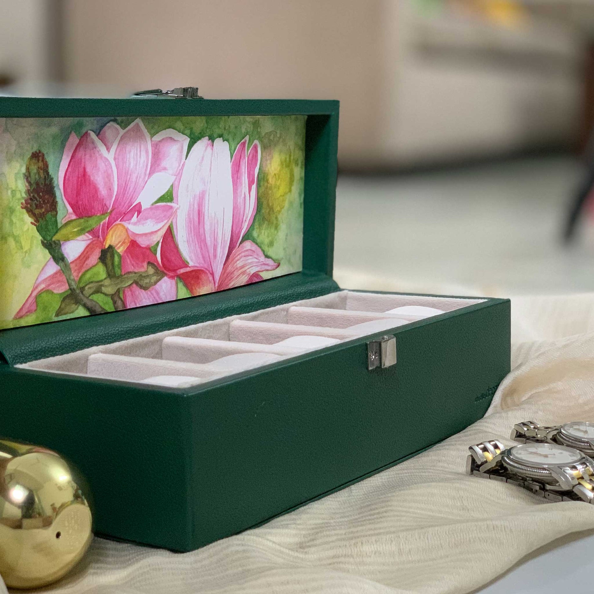 Studio Decorai Watch Box Magnolia Blossoms - Jade - Handcrafted Leather Watch Box