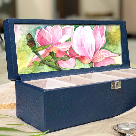 Studio Decorai Watch Box Sapphire - Magnolia Blossoms - Handcrafted Leather Watch Box