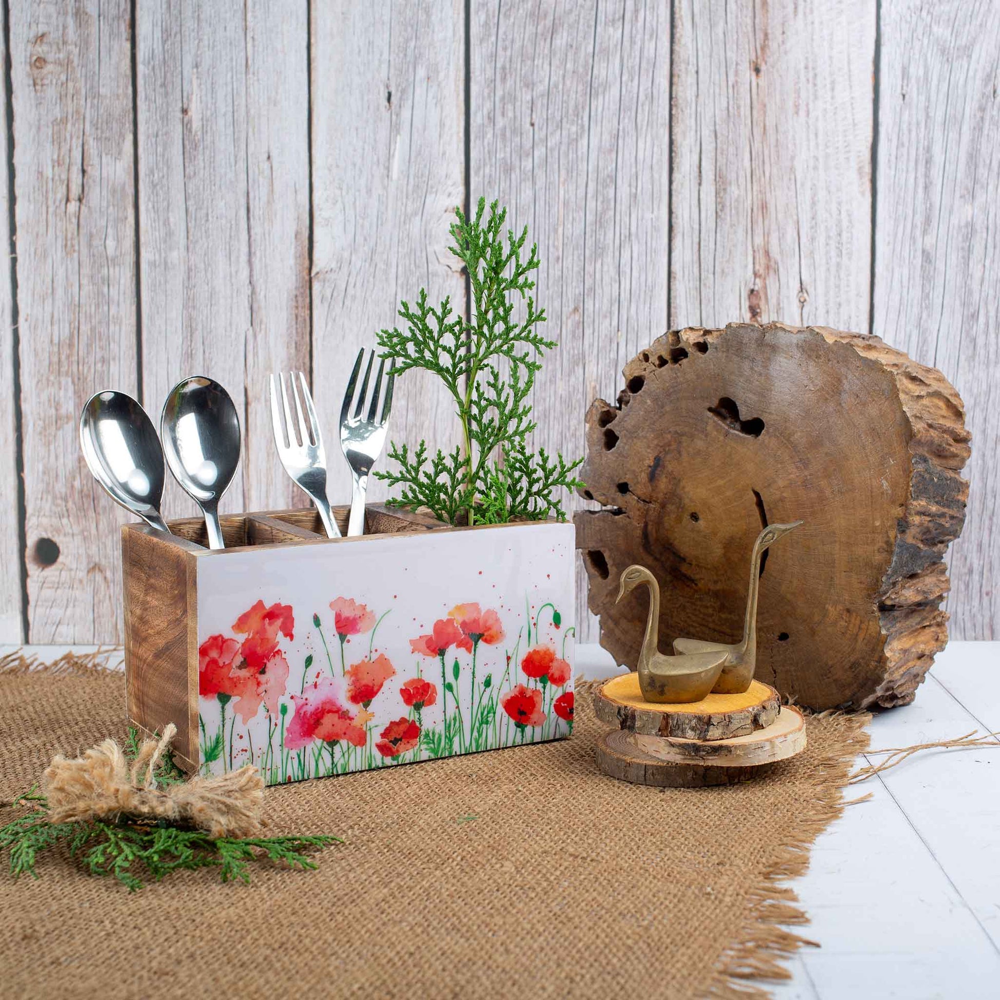 Studio Decorai Without Napkin Holder Splash of Flowers - Wooden Cutlery Holder